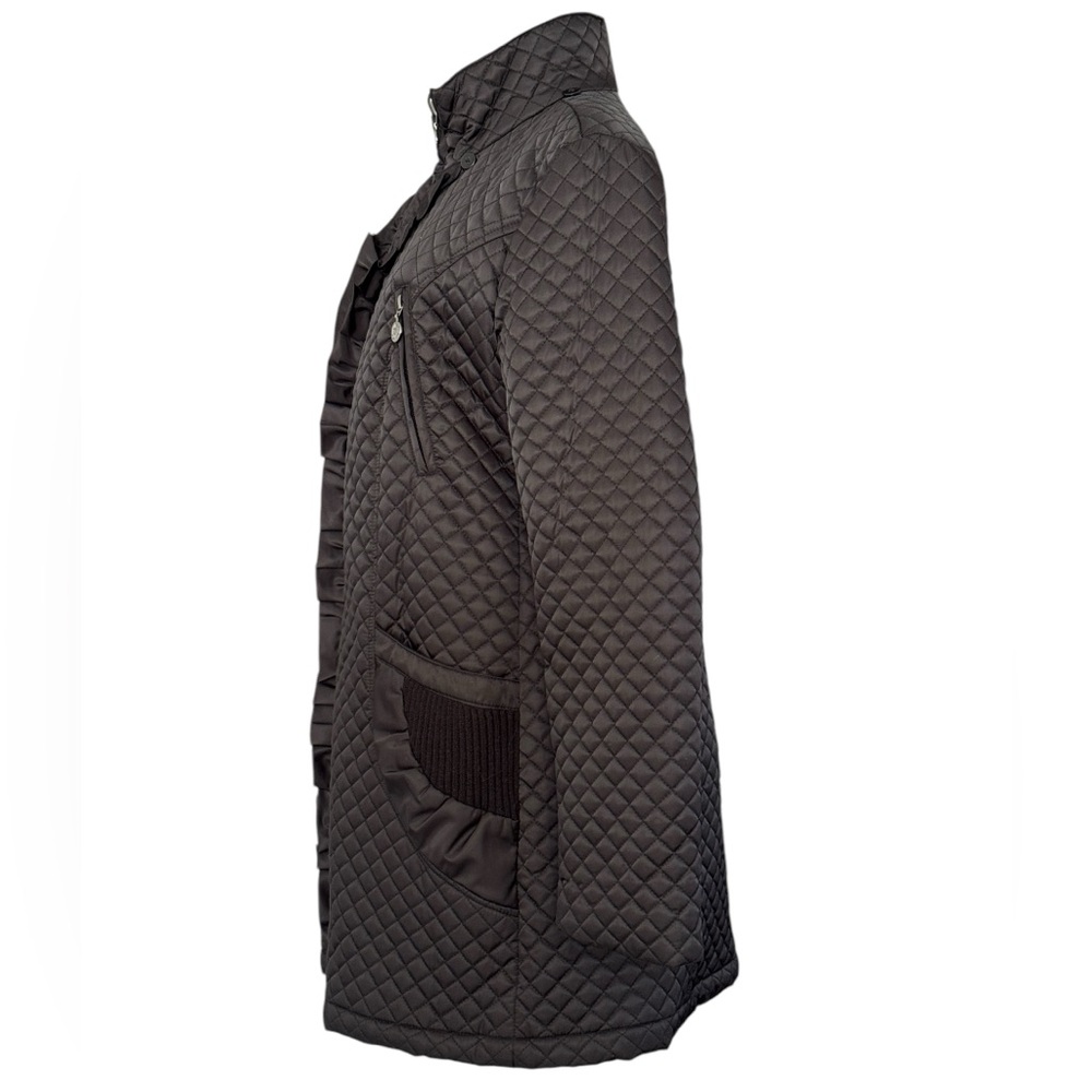 Betsey Johnson Black Quilted Hooded Jacket Zip Ruffle Front Knit Zip Pockets - Picture 3 of 13